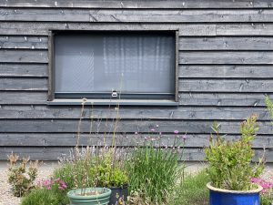 black coloured timber clad wall with shaded window and pot plants in front